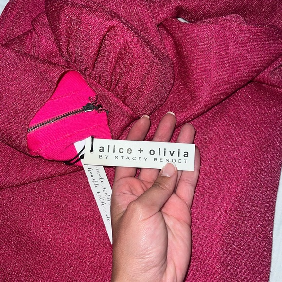 NWT Alice + Olivia Issa Turtleneck Puff Sleeve Dress Wild Pink Metallic - Picture 6 of 9